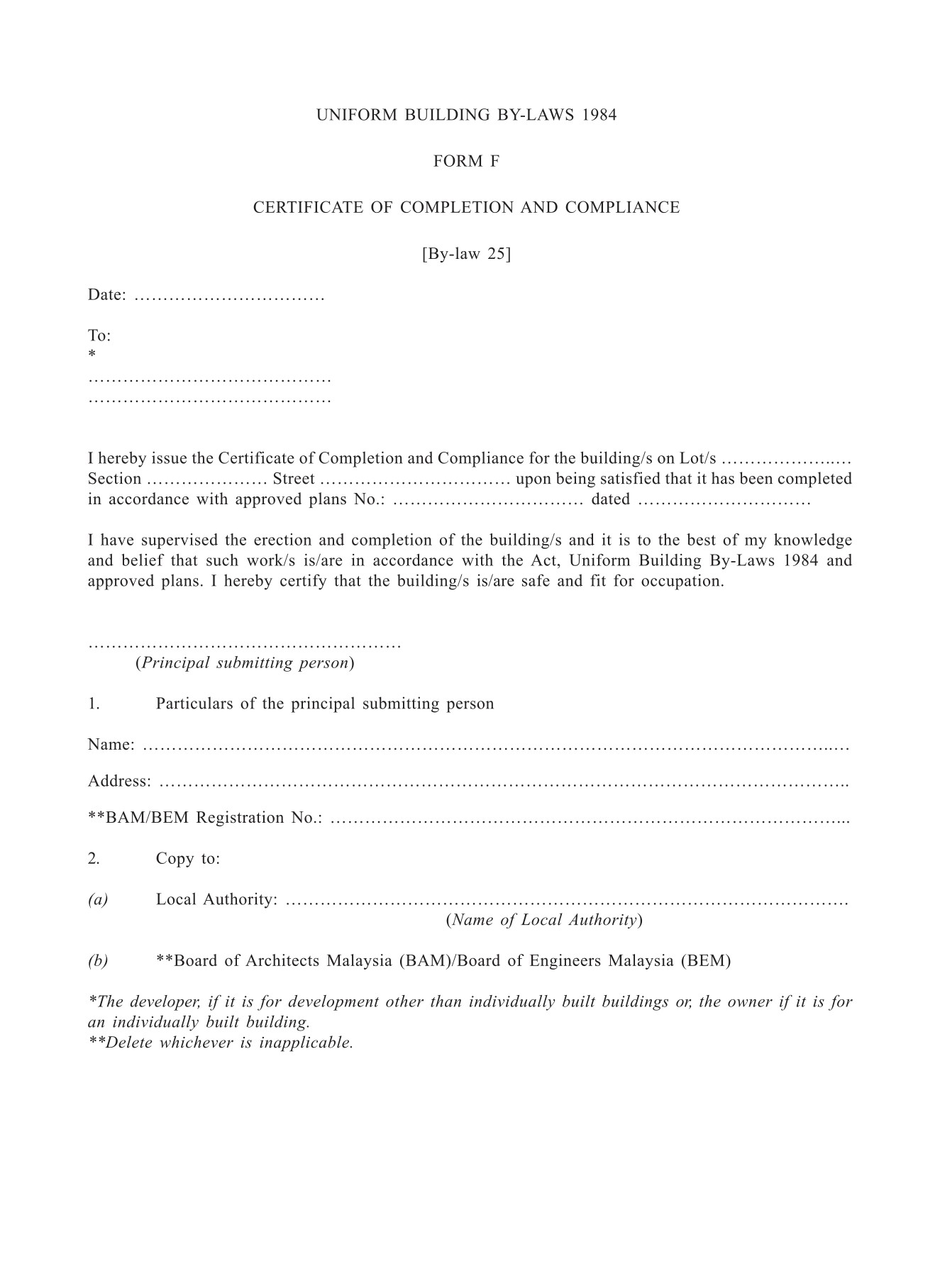 Form F CERTIFICATE OF COMPLETION AND COMPLIANCE